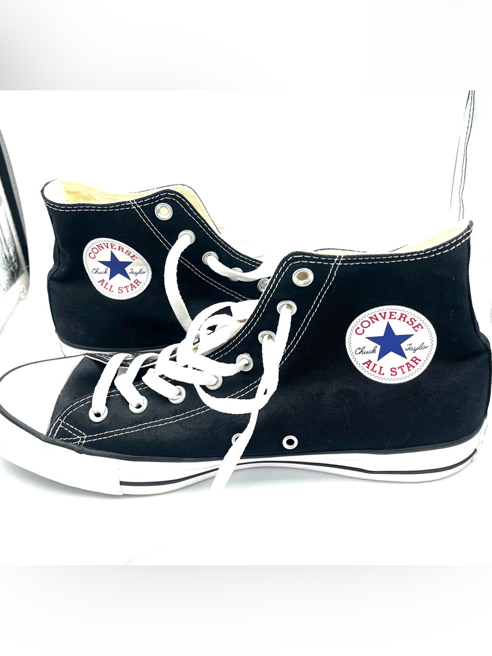 Converse All Star High Top Sneakers - Black & White with Blue Star Chuck Taylor